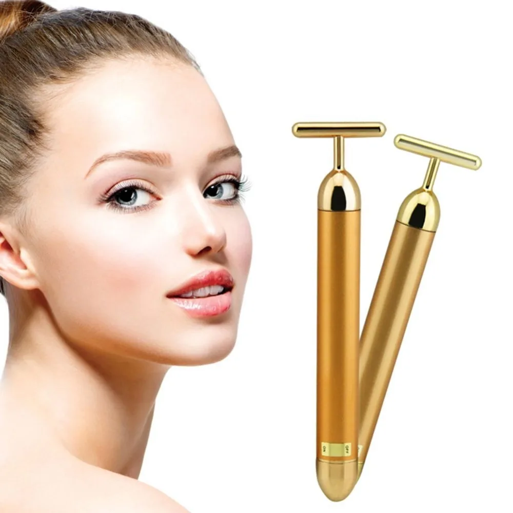 

2018 New Arrival 24K Golden Pulse Waterproof T Shape Facial Roller Skin Care Micro-electricity wrinkle remove Beauty Bar Massage