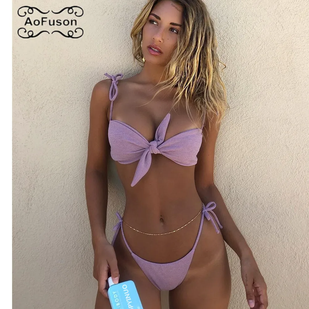 

Sexy Brazilian Bikini Set Shiny Fabric Thong Swimsuit Bow Bikini Bather Bandage Bandeau Tube Top Bathing Suit Push Up Swimwear