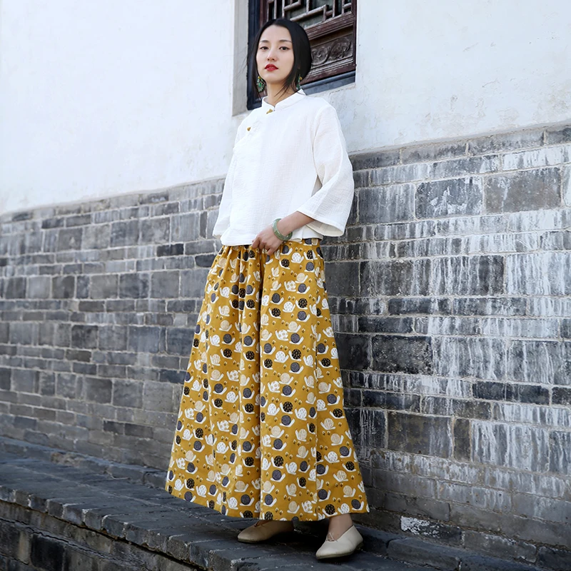 

Preppy Cute SNAIL Print Yellow Large Hem Women Cotton Linen Skirt, Summer Young Lady Loose Thin Cool Animal Pattern Loose Skirts