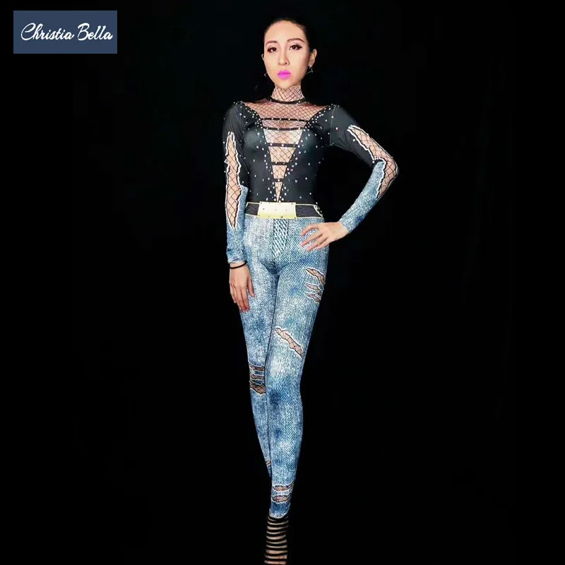 

Christia Bella Sexy Leotard Print Stretch Jumpsuit Women Nightclub Singer Stage Performance Costumes Pole Dance Bodysuits