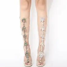 Из прозрачного ПВХ женские сапоги до колена открытые прозрачные сандалии для подиума праздничное платье кристалл Strappy Обувь Ясно Высокий каблук летние большие размеры