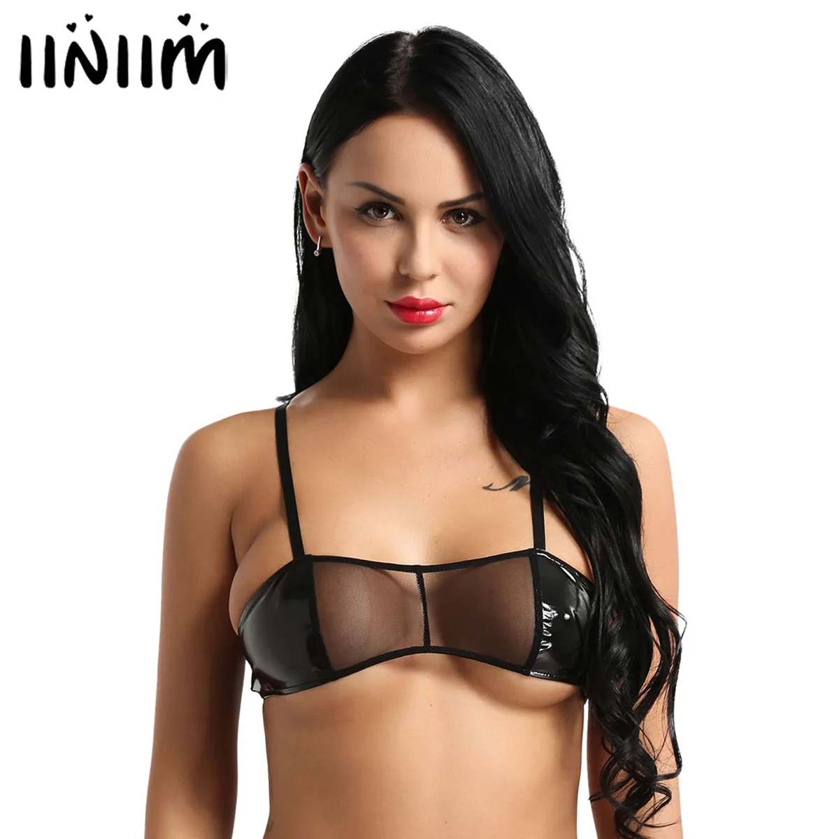 

iiniim Womens Black Lingerie Bralette Tank Bras Faux Leather See Through Mesh Wire-free No Pad Bra Top Breathable Bralette