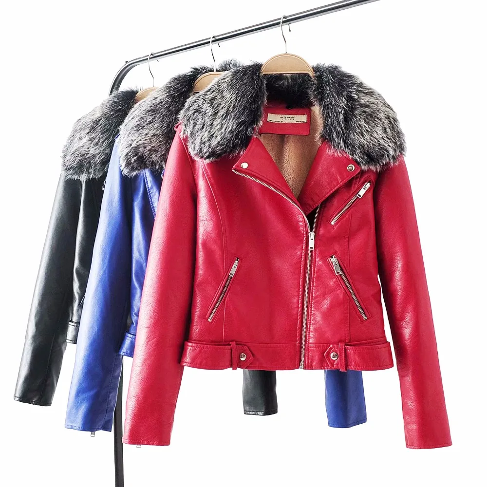 Хит, женские зимние теплые куртки из искусственной кожи с меховым воротником, женские красные, черные, синие мотоциклетные и байкерские пальто, теплая приталенная верхняя одежда