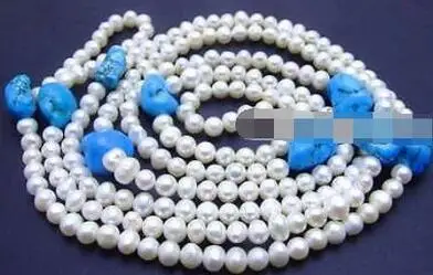 free shipping Long 50&quot Natural white 6-7mm pearl &amp Baroque Blue stone Necklace | Украшения и аксессуары