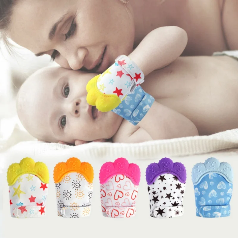 

Newborn Baby Cartoon Wrapper Sound 2019 Teething Silicone Mitten Teether Baby Glove Candy Gloves Mitt