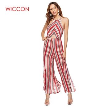 

2020 New Women's Sexy Backless Umbilical Color Striped Jumpsuit Casual Spring Loose Full Length Female High Waist Rompers