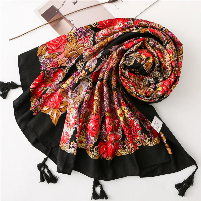 

women's autumn winter Mexico style ethnic vintage long black printed head scarf luxury brand shawl wraps invierno mujer 2019