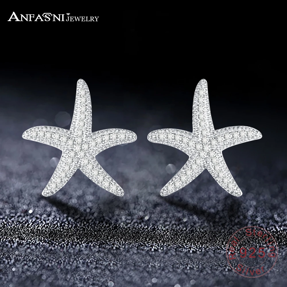 

ANFASNI Trendy 925 Sterling Silver Sea Star Stud Earrings For Women Micro Pave AAA Cubic Zirconia Starfish Wedding Earrings 0146