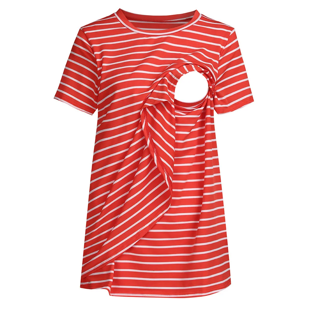 

Women Pregnant Nusring Maternity O-Neck Short Sleeve Tops Stripe Clothes Blouse(Red)