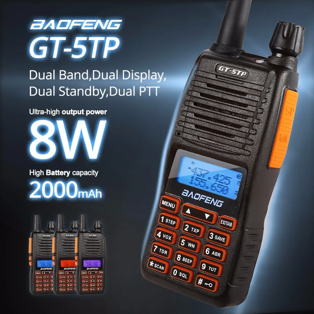 Baofeng GT-5TP Tri-Мощность 1/4/8 Вт Dual Band VHF/UHF 136-174/400-520 МГц двухстороннее радио иди и болтай Walkie Talkie “иди и GT-5 Win10 Кабель для программирования