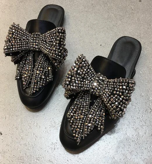 new fashion bling bling crystal embellished flat shoes 2017 big butterfly-knot woman slippers black leather casual shoes