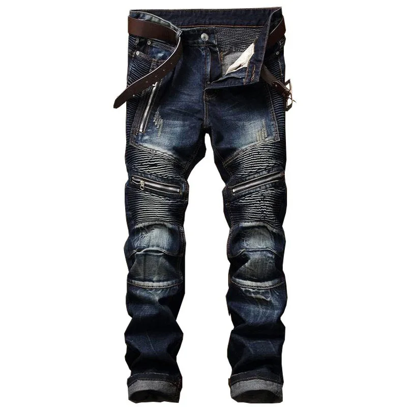 

2019 New Men's Pleated Biker Jeans Pants Slim Fit Brand Designer Motocycle Denim Trousers For Male Straight Washed Multi Zipper
