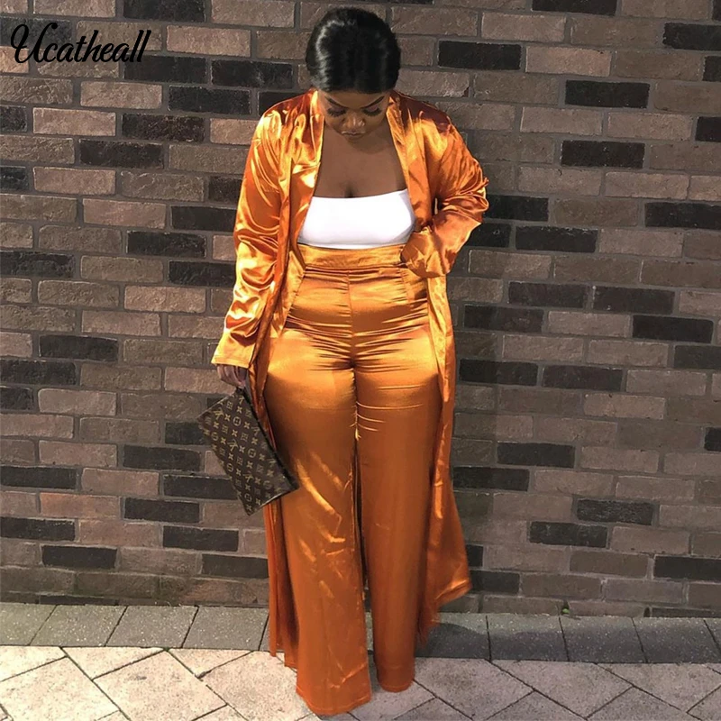 Women Satin Open Stitch With Sashes Long Trench +straight Long Pants Suits  Two Piece Set Wide Leg Pants Tracksuit Outfit - AliExpress