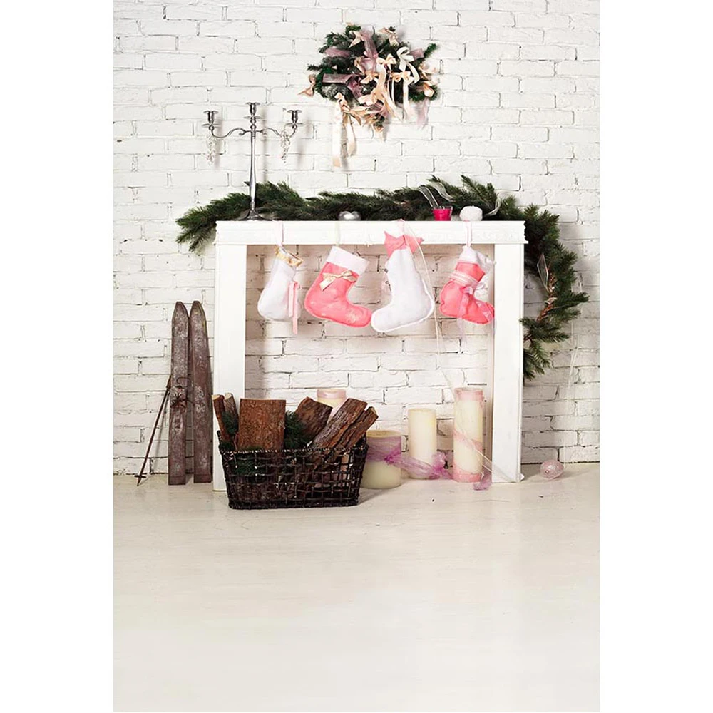 Beste Witte Bakstenen Muur Guirlande Haard Kerst Foto Achtergrond Gedrukt Timbers Xmas Sokken Pasgeboren Baby Meisje Fotografie Achtergronden