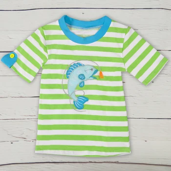 

Summer Boy Style Kids Outfits Persnickety Boys Short Sleeve Fish Pattern Embroidery Green T-shirt BSY802-015