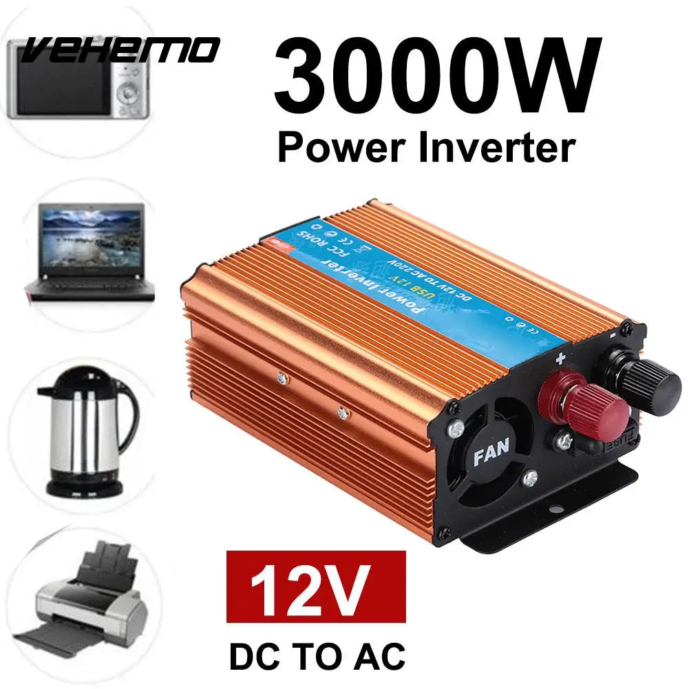

3000W Auto Car Power Inverter Converter DC 12V To AC 220V Adapter Plug Compact Overload Protect Vehicle Pure Sine Wave Power