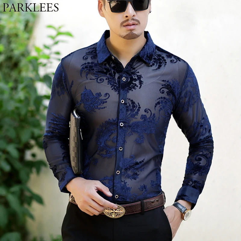 

Paisley Floral Lace Shirt Men 2018 Luxury Embroidery Transparent Mens Dress Shirts See Trough Sexy Club Party Prom Social Shirt