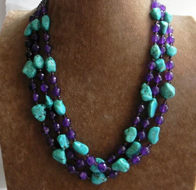 

0114 3Strands 20'' Turquoise Faceted Purple Round Jade Crystal Necklace