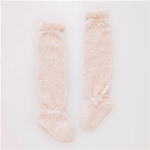 Lawadka/летние носки для новорожденных девочек Однотонные тонкие сетчатые Гольфы с бантом дышащие хлопковые кружевные носки для малышей - Цвет: down pink bowknot