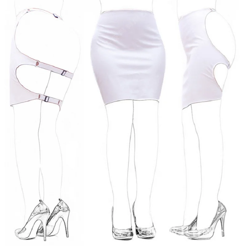 Female Sexy Wetlook Faux Leather Backless Mini Skirt Tight Fit 3 Buckles Fasten Erotic Lingerie Flirty Costume