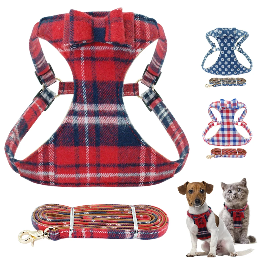 

Breathable Cat Dog Harness Plaid Bowknot Kitten Puppy Harnesses Vest For Small Medium Dogs Cats Chihuahua With Cute Bow Tie