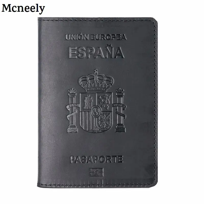 Коричневая испанская натуральная кожа Обложка для паспорта Crazy Horse солидная Обложка для паспорта Бизнес унисекс прочный Чехол-кошелек для путешествий для мужчин - Цвет: Spain Black