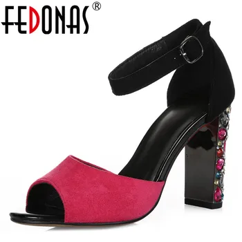 

FEDONAS New Sexy Elegant Peep Toe Crystal Decoration Square Heels Women Sandals Fashion Mixed Colors Kid Suede Party Prom Shoes