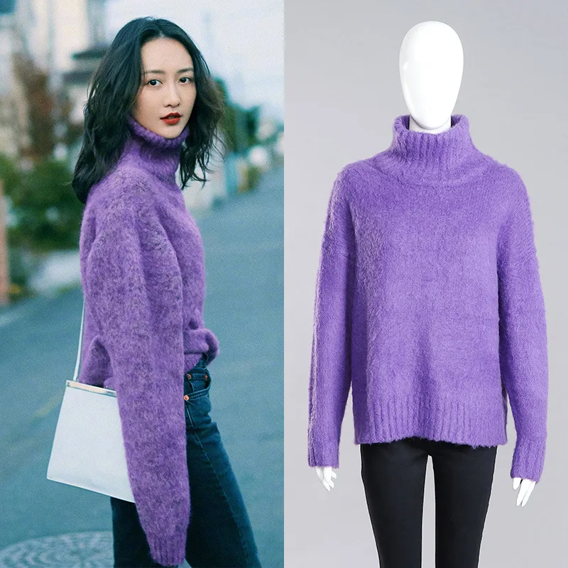 

Wang Gu's Purple High-collar Sweater for Women In Autumn Winter 2019 New Korean Version of Thicker Looser Lazy Knitted Clothes