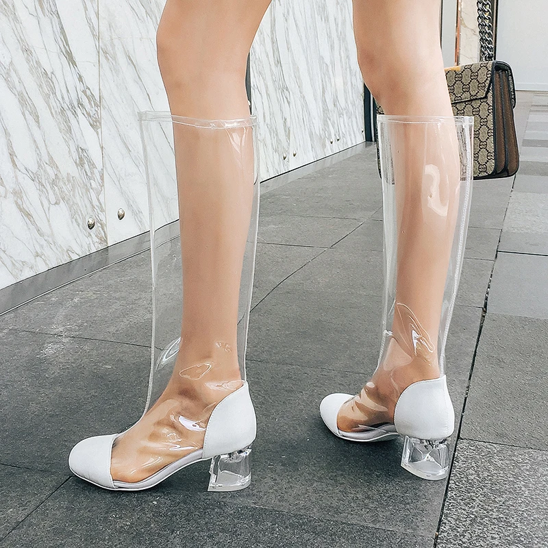 Prova Perfetto/модные ботинки на прозрачном каблуке с кристаллами; женские ботфорты; высокие сапоги до бедра на низком каблуке; женская обувь; большие размеры