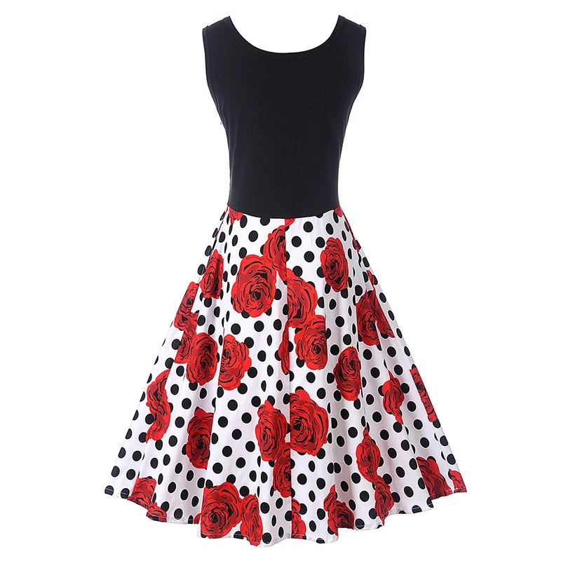 Kostlish Tank Summer Dress Women Sleeveless Patchwork Print Vintage Dress 2017 Elegant Swing Rockabilly Party Dresses Sundress (8)