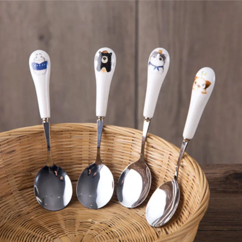 Baby Cartoon Cute Spoon Children Feeding Dinnerware Rabbit Infant Handle Training Utensils Bear Stainless Steel Spoons T0714 (4)