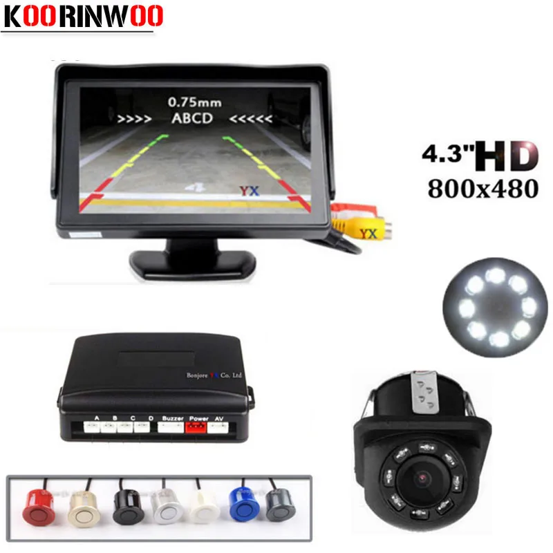 

Koorinwoo Parktronic Video System Car Parking Sensor 4 Probes Rear view Camera 4.3inch Car Monitor Digital Display 800*480 Park