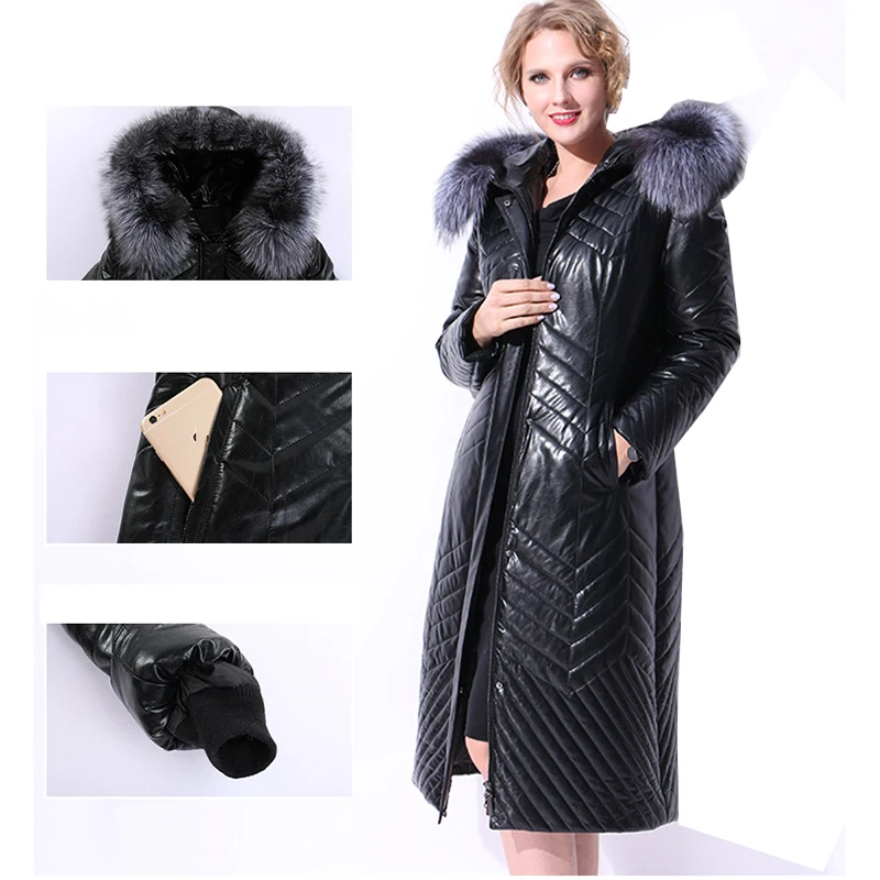 7XL зимняя женская куртка высокое качество толще большой размер длинное Настоящее кожаное пальто с капюшоном Настоящий Лисий Мех теплое пальто из натуральной кожи