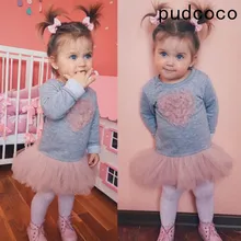 Pudcoco/детские кружевные фатиновые платья-пачки серого цвета с длинными рукавами и милым сердцем для маленьких девочек; одежда