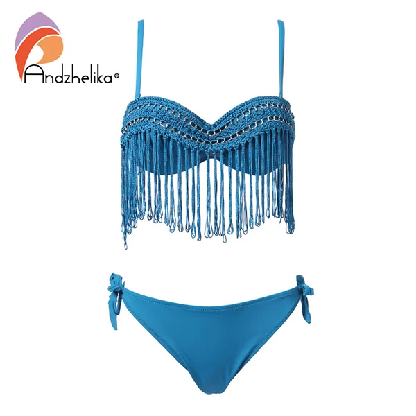 Andzhelika bikini женский купальник бикини с бахромой и пуш апп эффектом AK85081-1 - Цвет: Light blue