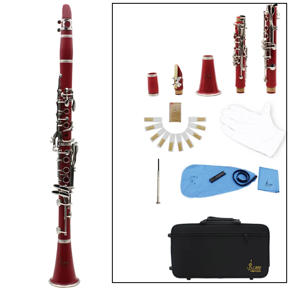 Кларнет ABS 17 ключ bB плоский сопрано бинокулярный кларнет с чистящей тканью перчатки 10 Reeds отвертка чехол духовой инструмент - Цвет: Красный