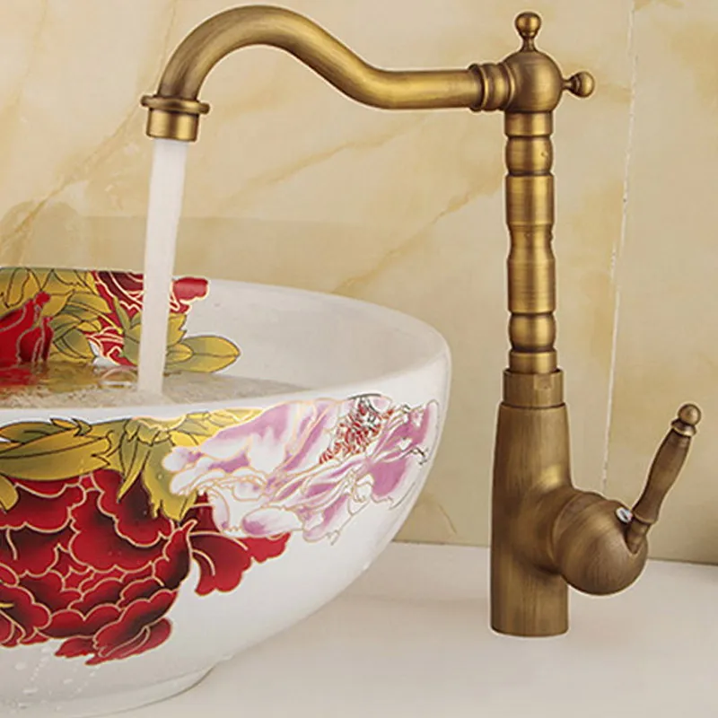 

Antique Brass Basin Faucet Deck Mounted Bathroom Vanity Sink Faucet 360 Rotation Hot and Cold Water Mixer Tap KD1170
