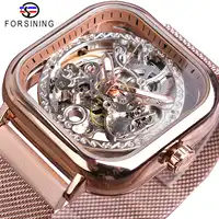 Forsining Rose Golden Automatic Square Men Watch Skeleton Mesh Stainless Steel Band Self-Wind Mechanical Wristwatch 2019 Relogio