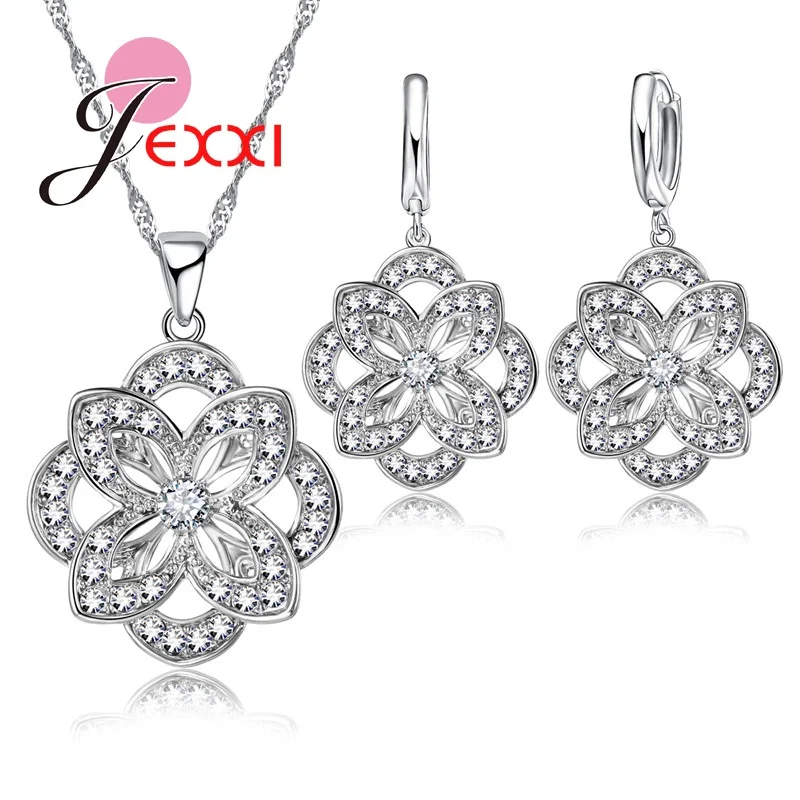 

PATICO Double Flower Silver Jewelry Set For Lady Women Elegance Crystal Necklace Pendent Earrings Set For Wedding Party