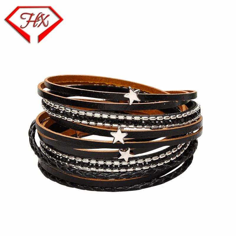 

HX trend new luxury ladies leather rope star magnet buckle multi-layer leather bracelet star charm jewelry Jewelry bracelet