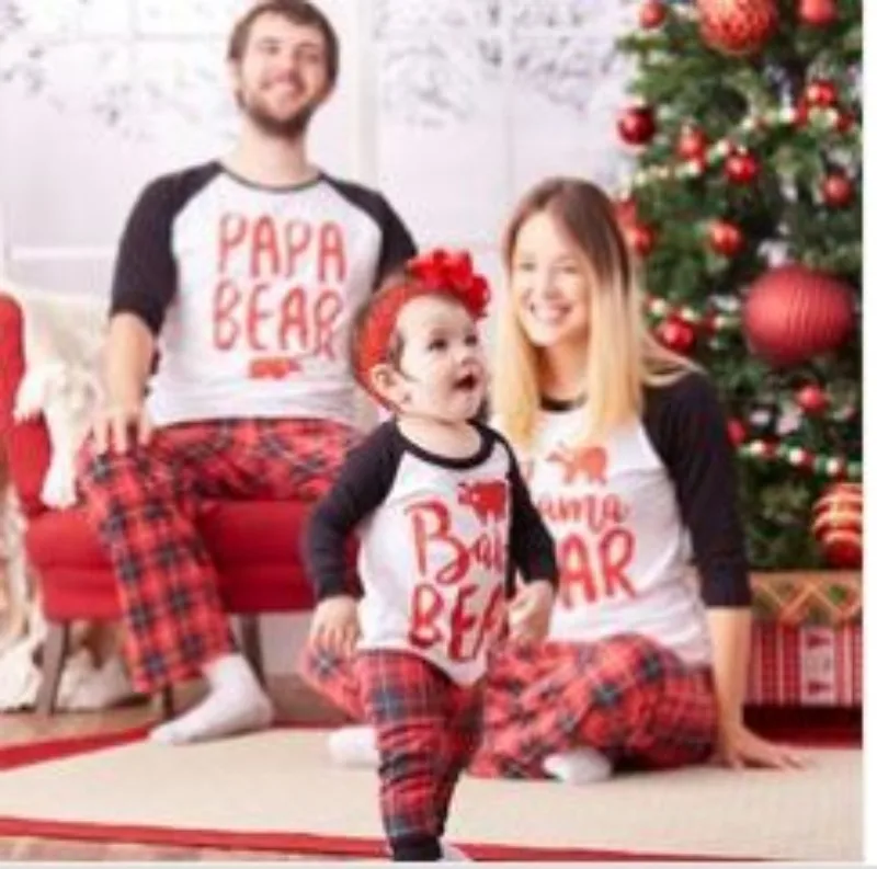 Детский пижамный комплект для семьи, рождественские пижамы для папы, медведя, мамы, малыша, медведя, рубашка+ клетчатые штаны Одежда для мамы и дочки