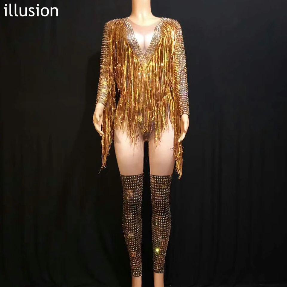 Glitter Gold Rhinestones Jumpsuit Sexy Deep V Tassel Jazz Dance Costume Women Singer Nightclub Perf