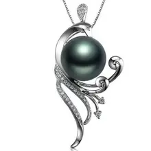 Феникс Дизайн 9-10 мм ПРИРОДНЫЙ Tahitian черный жемчуг настоящий бриллиант подвеска серебро 925 цепи для женский, черный круглый Ювелирные украшения