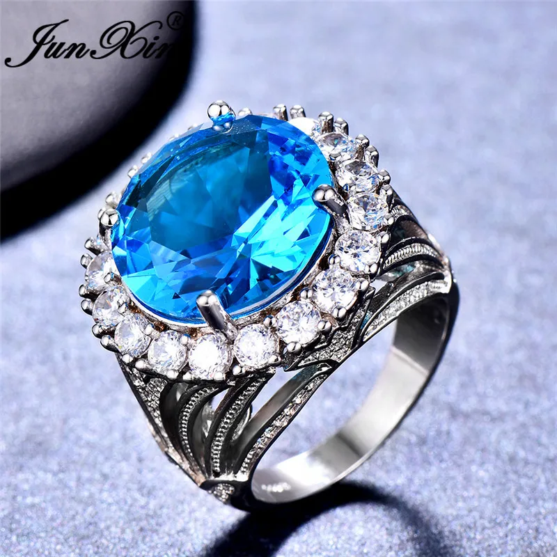 JUNXIN Мистик аква голубой циркон круглые большие кольца для женщин 925 заполненный серебром Большой Камень Обручальное Кольцо женское белое Кристальное кольцо CZ