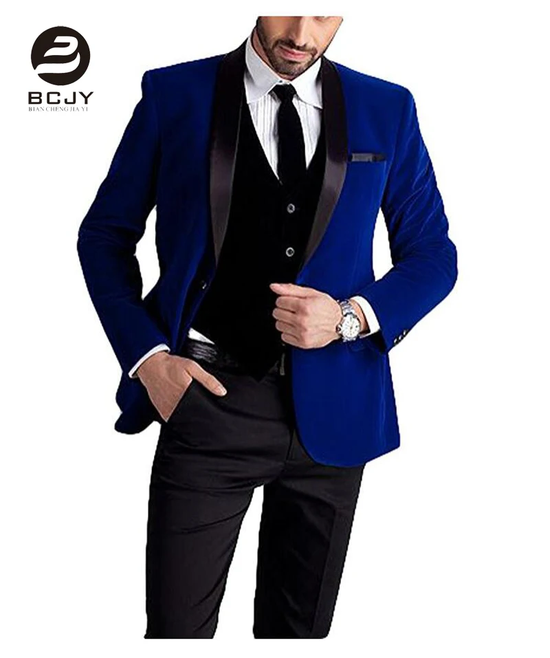 Royal Blue Jacket Black Vest Pants Wedding Suits Slim Fit Men Suits