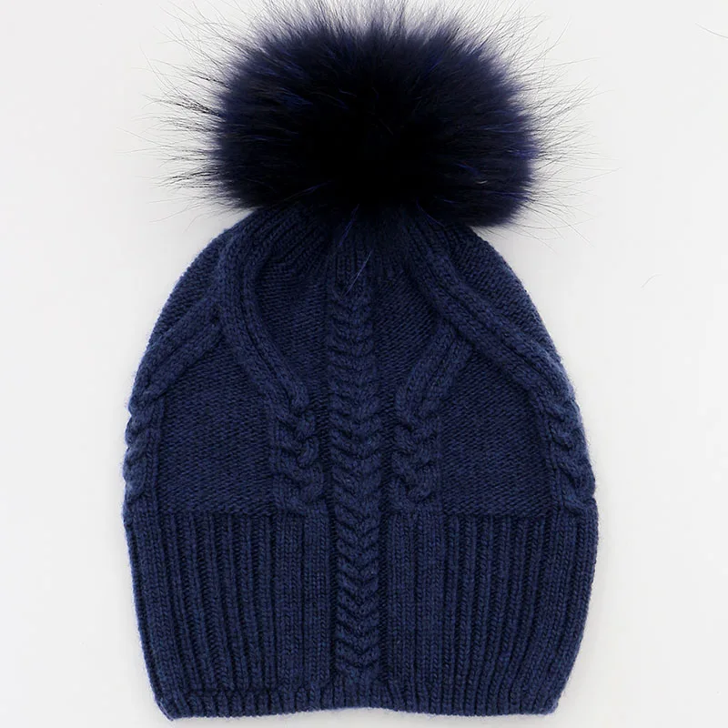 Wool \u0026 Fur Pom Pom Beanies Hats Navy 