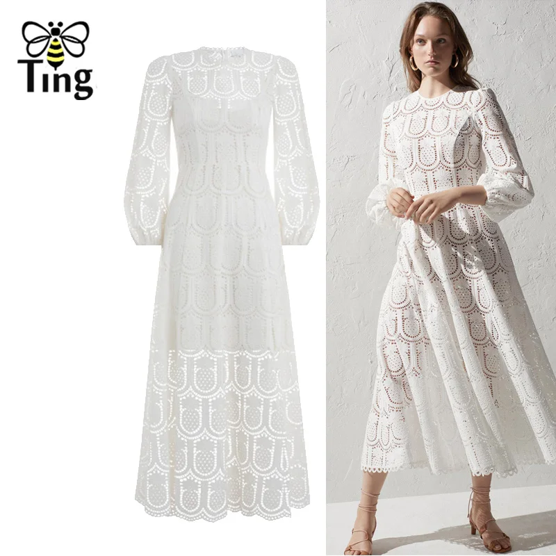 

Tingfly New Season Summer Autumn Designer Dress Hight Quality Hollow Out White Dress Casual Office Work Lady Dresses Vestidos