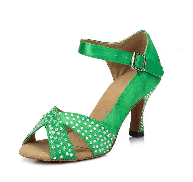 Стразы; обувь для латинских танцев; обувь для профессиональных танцев; Желтая обувь для женщин; Обувь для бальных вечеринок со стразами; kadin ayakkabi JuseDanc - Цвет: green heel 7.5cm