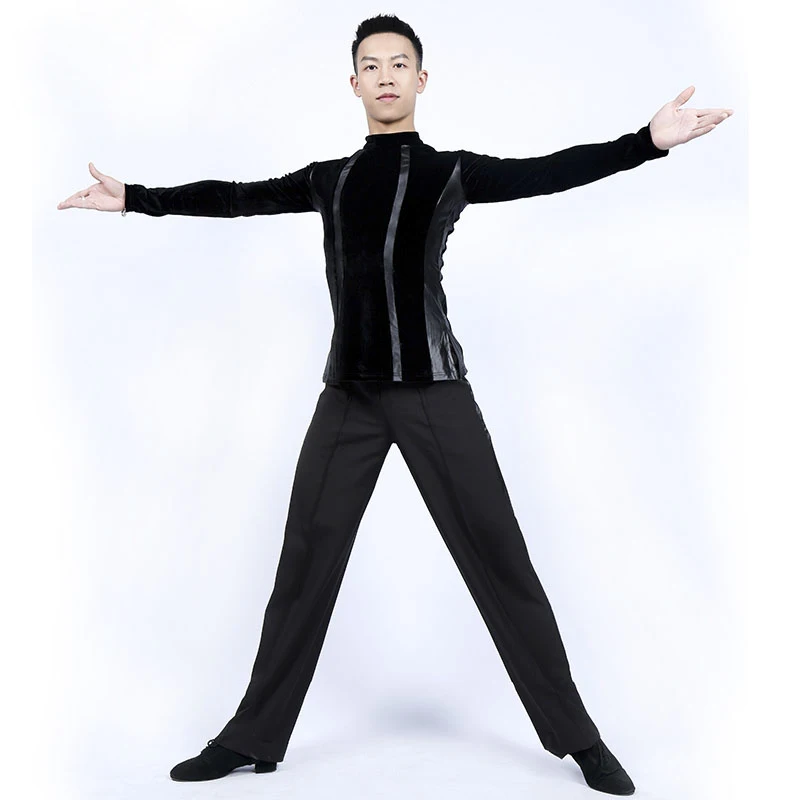 

Personality Black Mens Ballroom Latin Dance Wear Cha Cha Rumba Latino Shirt Long Sleeve Dancing Tops Not Including Pants Sale