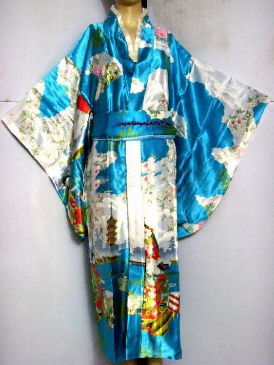 Специальное предложение черное винтажное японское женское кимоно юката Леди вечернее платье цветок Mujer Quimono один размер H0016 - Цвет: Light Blue